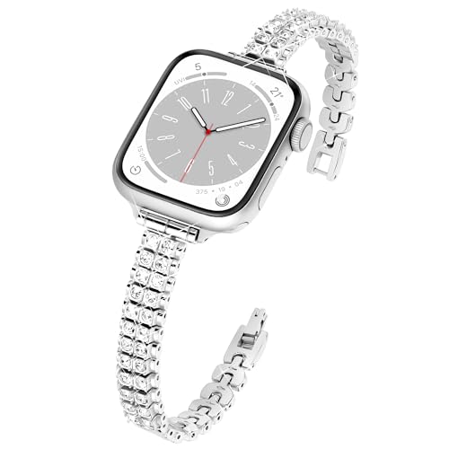 Mazuboho Slim Bling Band Compatible with Apple Watch Bands for Women 38mm 40mm 41mm 42mm 44mm 45mm 49mm, Diamond Metal Apple Watch Band for iWatch Bands Ultra 2/Ultra Series 9/8/7/6/5/4/3/2/1/SE