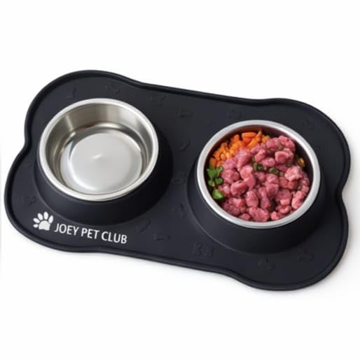 JOEY PET CLUB 2 Ciotole In Acciaio Inox Con Vassoio Integrato In Silicone Ideale Per Gatti e Cani Di Piccola Taglia, Antigoccia, Antiscivolo, Impermeabile, Raccogli Crocchette Removibile e Lavabile