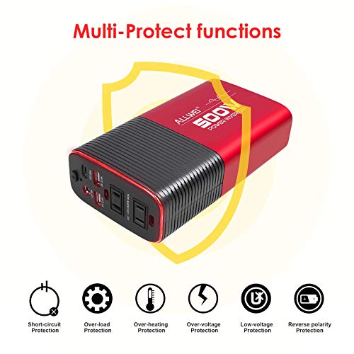 500W Pure Sine Wave Power Inverter DC 12V to AC 110V Car Inverter Power Adapter Converter with Type C PD18W/12V DC Output/4.8A Dual USB Charging Ports and 2 AC Outlets Car Charger