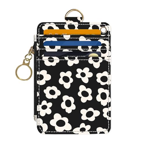 Image of Slim Wallet Credit Card Holder, Black and White Flowers, RFID Wallet Women Cute Small Front Pocket Wallet With Zipper, PU Leather Thin travel RFID Blocking Card Case ID Window,Ladies Gifts