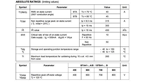 Triac BTA41-800B 40A pour régulation de puissance électronique - 6
