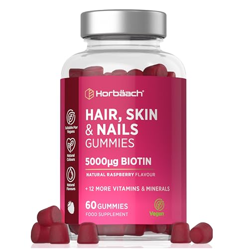 Hair Skin and Nails Vitamins | 5000mcg Biotin | Hair Growth Vitamins | with Added Zinc, Vitamin C, E & More! 60 Vegan Gummies | Supplement for Women and Men | by Horbaach