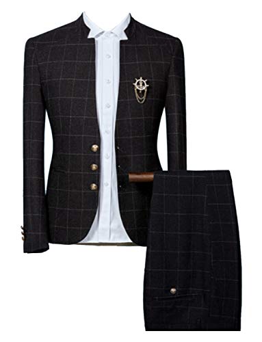 Men's Two Piece Plaid Suit Decorative Buttons Stand Collar Tuxedos