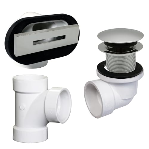 Westbrass D560RK-05 SCH. 40 PVC 1-1/2" Coarse Thread Plumber's Pack Tip-Toe Bathtub Drain Plug with Linear Overflow Faceplate, Tee & Elbows, Polished Nickel