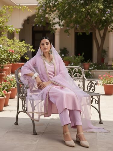 Image of Avanshee Women's Chanderi Cotton Silk with Zari Embroidery Kurta & Silk Crepe Pant Set And Net Dupatta Ethnic Wear Salwar Suit Set (ES 7539)