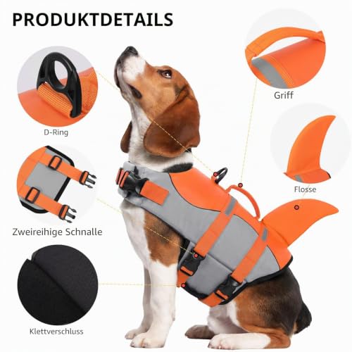 CITÉTOILE Schwimmweste Hund Hai, Hundeschwimmweste mit Griff, Orange, XS