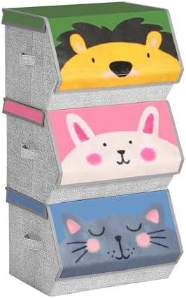 SONGMICS Aufbewahrungsboxen 3er Set, Stoffboxen mit Griffen, Organizer | Faltboxen, magnetischer Deckel, für Kinderzimmer, Tier-Motive, Rosa und Blau, grün und grau,, TEZA Kollekti