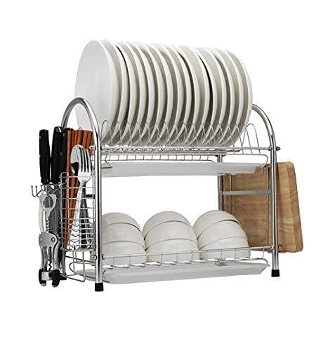 Escurridor de Cocina de Acero Inoxidable de 2 Capas con Bandeja de Goteo y Estante para Cubiertos.