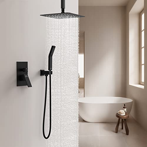 12 Inch Ceiling Mounted Shower System And 8 Inch Shower Faucet Set With Tub Spout, Matte Black #TOP1
