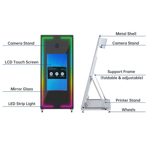 Lustrzana fotobudka ze światłem wypełniającym, przenośny ekran dotykowy Magic Mirror Booth Machine + Mini PC (I5, 8 GB RAM, 256 GB SSD) + etui lotnicze