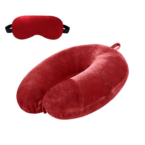 Image of U-Shaped Neck Pillow Soft Fiber Filled Travel Cushion with Snap Button, Comfortable Fabric, Neck Support for Flight, Bus, Car, Neck Pillow for Pain Relief (Red Combo)