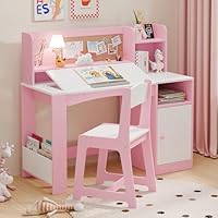 Xilingol Kids Study Desk with Chair and Tiltable Desktop, Kids Stud Des and Chair Set with Hutch&Storage Cabinet, Wooden Children Study Table for 5-12 Years Old, Student Writing Desk for Bedroom