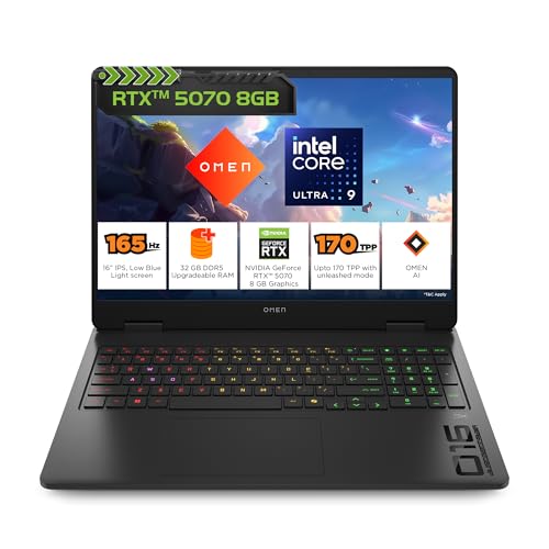 Image of HP Omen, Intel Core Ultra 9 285H, 8GB RTX 5070, 32GB DDR5, 1TB SSD, 165Hz, 2k WUXGA, 3ms, 400 nits, 16'' /40.6cm, Win11, M365* Office24, Black, 2.42kg, an0012TX, Unleashed Mode, RGB, AI Gaming Laptop