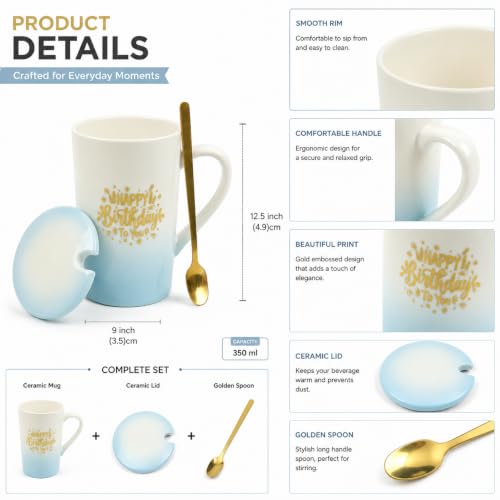 Image of ZAICUS Happy Birthday Coffee Mug with Lid, Ceramic Gift Cup for Men & Women | Suitable for Hot & Cold Beverages | Ideal Birthday Gift | Elegant White & Blue Gradient Finish