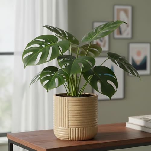 Image of Bonkaso 15 Inch Ribbed Planter Pot for Indoor & Outdoor Use | Round Heavy Duty Polymer Flower Pot | Lightweight Weather Resistant Modern Gamla for Living Room Balcony & Terrace (Beige)
