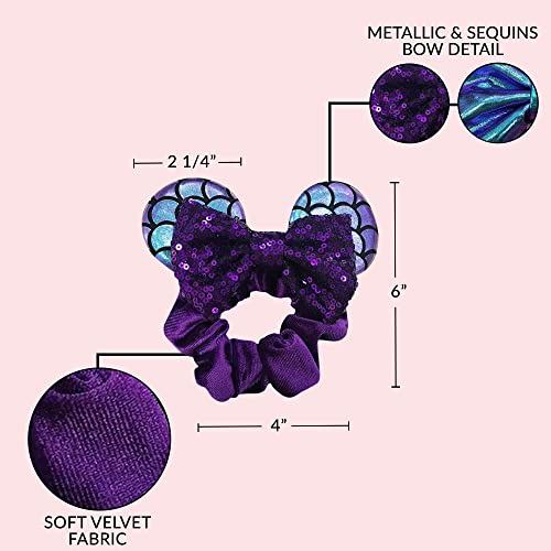 Styla Hair 2Pk Mouse Ear Scrunchies For Kids Velvet Hair Bow Scrunchies For Women - Sparkle Sequins Mouse Hair Bands For Pony Tail Minnie Ears (Purple Mermaid) #TOP3