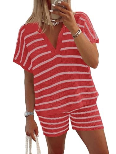 Image of Tankaneo Womens 2 Piece Outfits Striped Knit Summer Sets V Neck Short Sleeve Tops and Shorts Lounge Matching Set