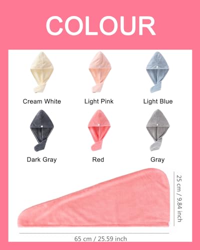 Lumimi 2er-Set Haarturban Kopfhandtuch aus Mikrofaser Extra Saugfähig Schnelltrocknend Flauschig Knopfverschluss Rosa Grau