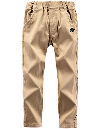 Boys‘ Solid Color Elastic Waist Cotton Uniform Pants with Embroidery for Kids School & Play