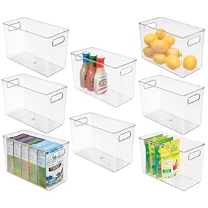 mDesign Plastic Slim Organizing Bin for Kitchen Pantry Cabinet, Fridge or Freezer, Food Organization Storage Bin with Handles, Pantry or Kitchen Storage Organizer Bins, Ligne Collection, 8 Pack, Clear