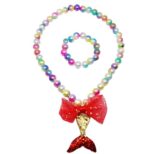 El Regalo Girls Princess Necklace Bracelet with Colorful Mermaid Shiny Beads Bow Kids Stretchy Costume Jewelry Gift Party Favors Dress up Jewelry for Little Girl Toddler (Glittery Red) (B09GPB21DH) Amazon Price History, Amazon Price Tracker