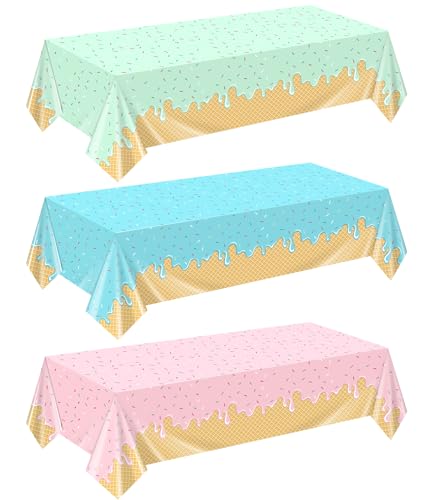 mwellewm 3 Pcs Ice Cream Party Decorations Ice Cream Themed Party Bar Supplies Plastic Table Cloth Disposable Birthday Tablecloth Decor Rectangle Waterproof Table Cover for Kids Girls Baby Shower