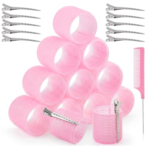 Jumbo Hair Curlers Rollers Set 12Pcs 60mm Large Hair Rollers with Clips Comb for Women Long Thick Hair Curlers Volume - Home Travel Hair Styling Accessories Gifts (Pink)