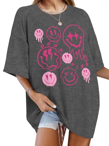 Image of WIEIYM Women's Oversized T Shirt Ladies Baggy T Shirts Breathable Summer Tee Crew Neck Tunic Tshirt Casual Short Sleeve Tops Printed with Smile Face Graphic Dark Grey