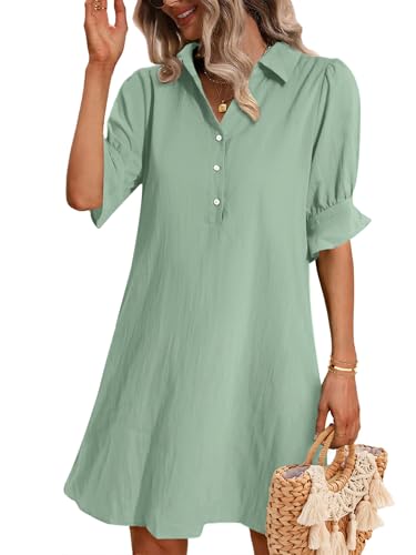 Zeagoo Womens Shirt Dress Casual Ruffle Short Sleeve Summer Dresses Chiffon Button Down Work Dress with Pockets Green