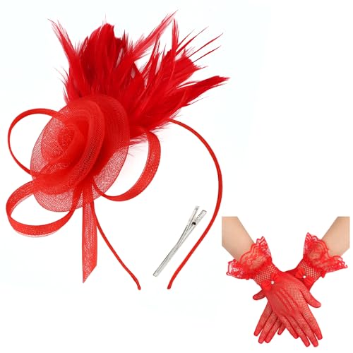 Fascinators Hats for Women and Lace Gloves Set Red Derby Hat Vintage Tea Party Hats Fascinator Hat Headband Headwear Clip 1920s Accessories for Women Girls Cocktail Wedding Church Tea Party Favors