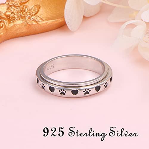 Ladytree Pet Paw Print Anxiety Relieve Spinner Rings Cat Puppy Animal Love Heart Spinner Fidget Ring Sterling Silver Worry Stress Relieving Boredom Adhd Autism Ring For Women Men(8) #TOP4