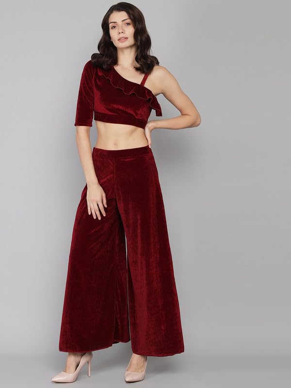 Image of Vaararo Velvet Co-Ords for Women | One Sleeve Crop Top with Palazzo Set Casual Party Dress
