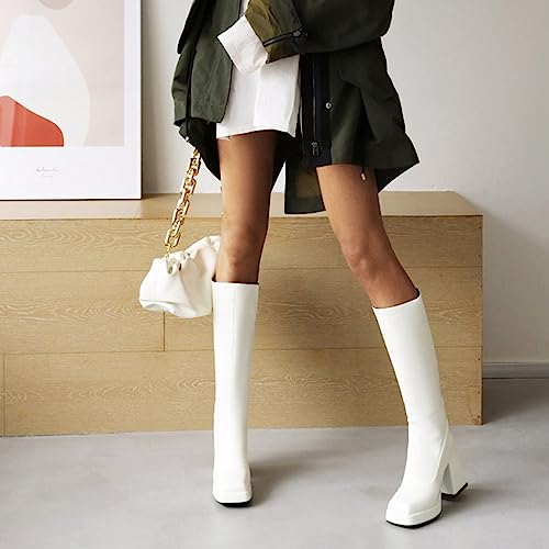 Image of SOVANYOU Black Leather Boots Platform Boots for Women Fashion Square Toe Chunky Block Heeled Boots Side Zip