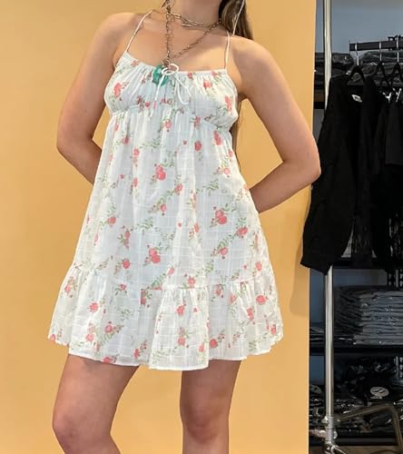 Image of NUFIWI Women Boho Graffiti Cami Mini Dress Spaghetti Strap Printed A Line Short Dress Backless Cut Out Colorful Sundress