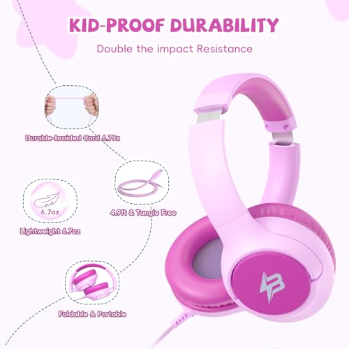 Image of USB C Headphones Wired for Kids, 85 /94dB Volume Limit With Mic, Rosy Pink | Kid Headphones for School, Wired Over Ear USBC Plug in Corded Headphones for Boys Girl Toddler, iPad, Tablet, Airplane Travel