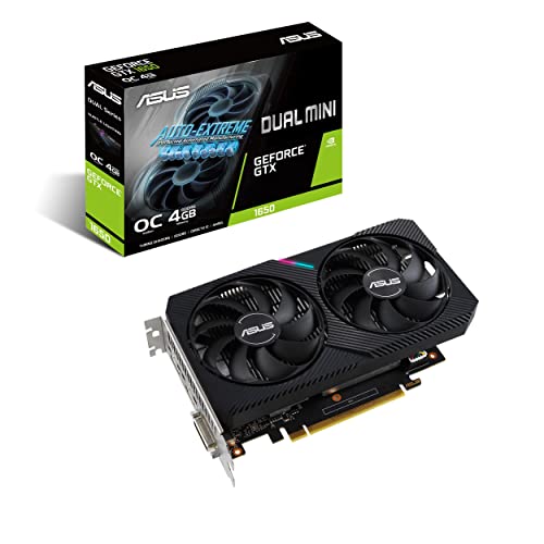 Asus Dual NVIDIA GeForce GTX 1650 MINI OC Edition, Scheda Video Gaming Compatta, HDMI, DisplayPort, DVI-D, Striscia LED, Ventole AxialTech, Tecnologia 0 dB e Tecnologia Auto-Extreme