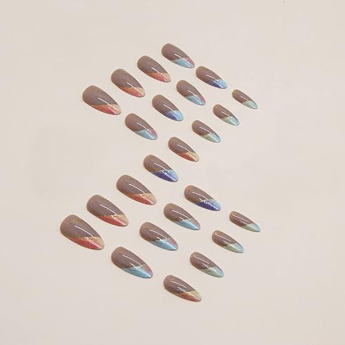 Fuldgaenr Sepia Press On Nails Medium Oval Fake Nails With Ombre Colorful Designs, Almond Full Cover Artificial Acrylic Nails French Tip Glue On Nails For Women And Girls Stick On Nails 24Pcs #TOP2