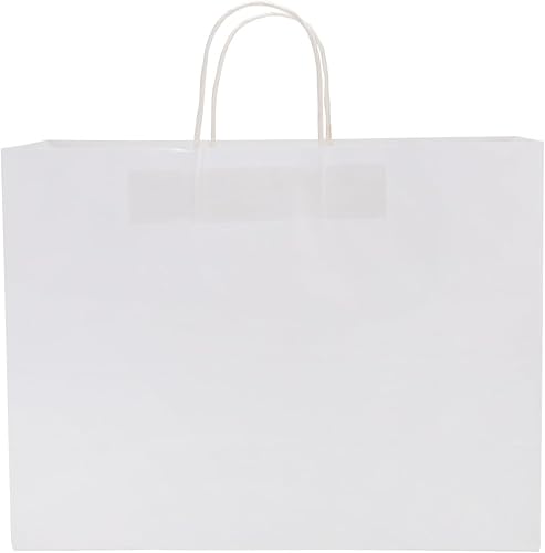 SSWBasics Bolsas de papel grandes con asas - Bolsas de compras de papel kraft blanco, caja de 100, ideal para venta al por menor y regalos, embalaje