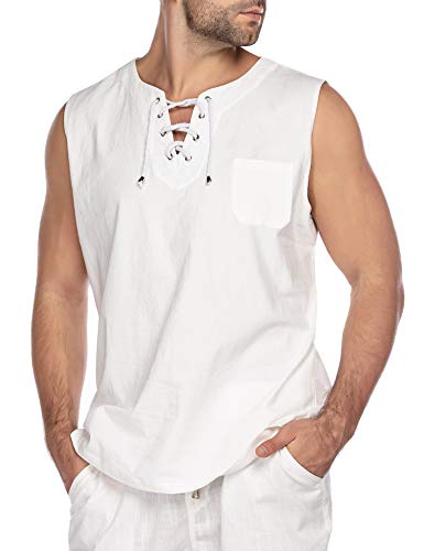 Coofandy Men's Cotton Linen Tank Top Shirts Casual Sleeveless Lace Up Beach Hippie Yoga Tops Bohemian Medieval Renaissance Pirate Tunic White #TOP1