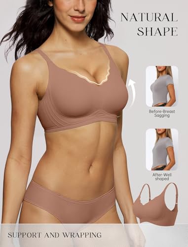LetsJoli Wireless Seamless Bras for Women No Underwire Push Up Scalloped V Neck Full Coverage Support Bralettes Everyday Bras Coffee - Image 2