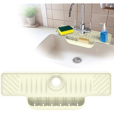 Silicone Faucet Handle Drip Catcher Tray Mat, Silicone Faucet Mat With Sponge Holder for Kitchen Sink Accessories Gadgets,Silicone Faucet Splash Guard Kitchen Sink Mat for Kitchen, Bathroom - Beige Cover