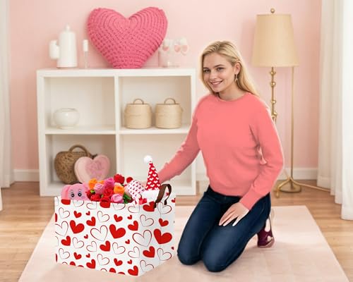 Image of Large Valentine's Day Basket Heart Shaped Storage Bin for Gifts Collapsible Organizer Room Decor (Red Hollow Solid Love)