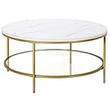Henn&Hart 36' Wide Round Round Coffee Table with Faux Marble Top in Gold, Modern Round Coffee Tables for living room, studio apartment essentials