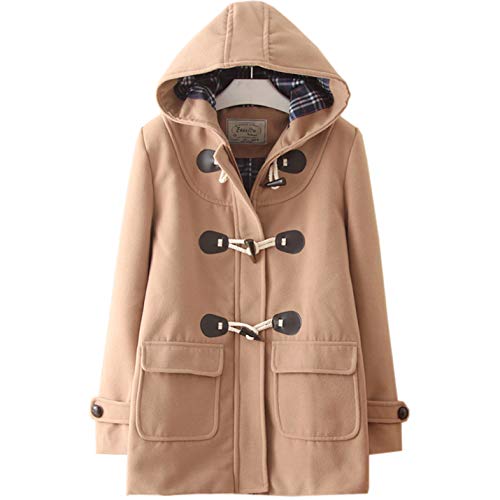 Flygo Girl's Classic Horn Button Duffle Coat Hooded Wool Blended Pea Coat - Main Image