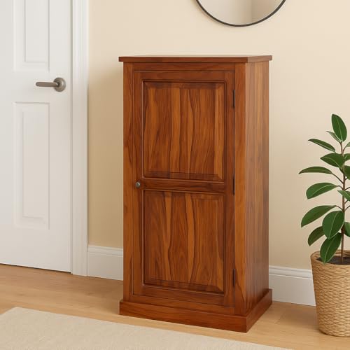 Image of Solid Sheesham Wood Shoe Cabinet with Door, 6 Shelves, Natural Finish | Multi-Purpose Storage Cabinet, Holds 12-15 Pairs of Shoes, No Assembly Required