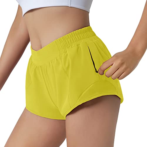 Aurefin Running Shorts For Women,Quick Dry Athletic Sports Shorts Lightweight Active Workout Gym Shorts With Zip Pocket Yellow/Xs #TOP1