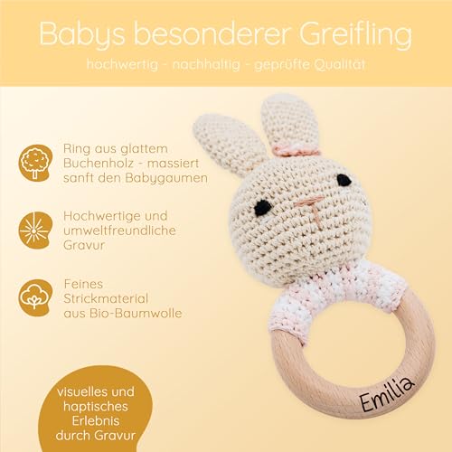 Bärenfreunde® - Personalisierter Beißring Baby - Niedlicher Greifling für Baby's ab 0 Monate - Babyrassel mit Name als Baby Geschenk für Mädchen und Jungen (Hase gestreift rosa,mit Name)