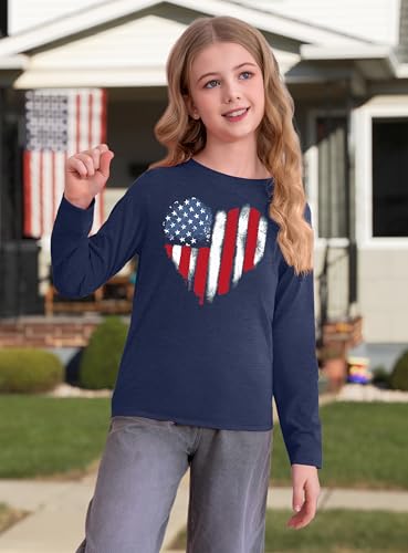 Image of Ithalt 4th of July Outfit Kids Girls American T Shirt USA T-Shirt Fourth of July Tops Patriotic Long Sleeve Tops