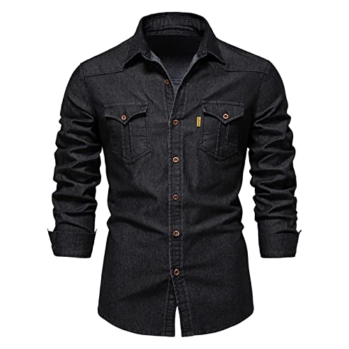 Chemise en jean homme à manches longues coupe droite en denim style cowboy col Kent