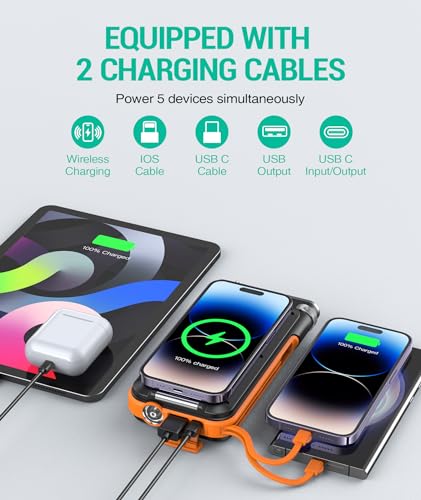 BLAVOR Solar Power Bank 20000mAh, Wireless Charging, QC 3.0 Fast Charging, Portable Charger Built-in 2 Cables and Flashlight, Battery Pack for Hiking, Travel and Emergency Preparedness